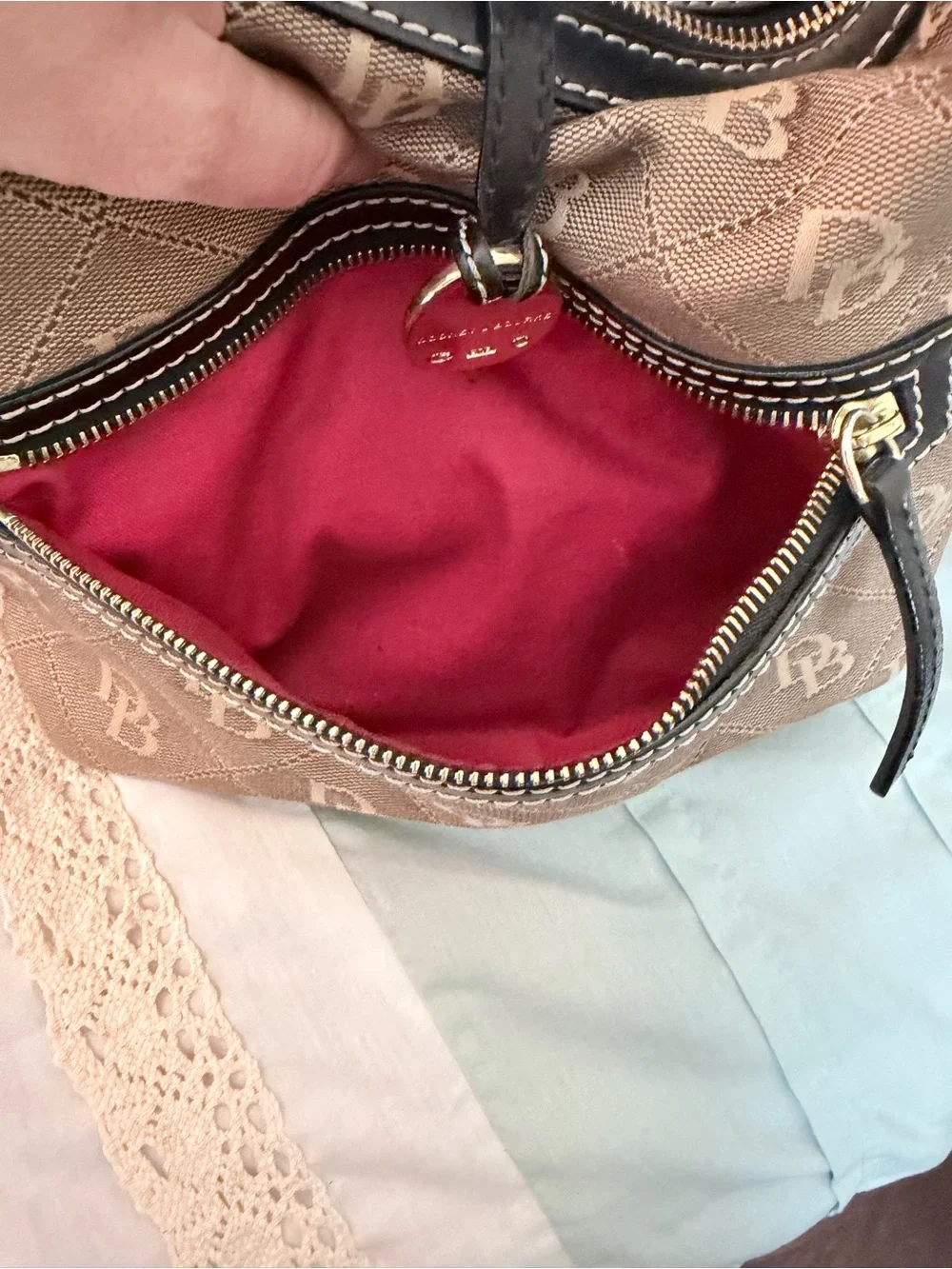 Dooney & Bourke Tan Monogram Shoulder Bag with Black Trim